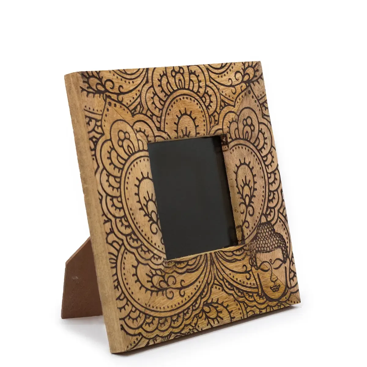 Cadre photo en bois de manguier Bouddha, noir, photo 10 × 15 cm, cadre 20 × 20 × 2 cm - Ligne & Matière