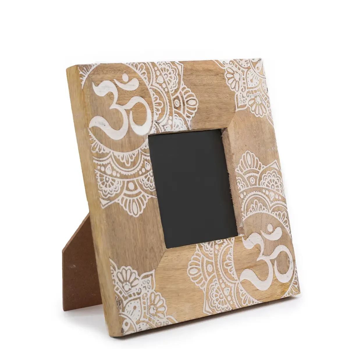 Cadre photo en bois de manguier mandala, blanc, photo 10 × 15 cm, cadre 20 × 20 × 2 cm - Ligne & Matière
