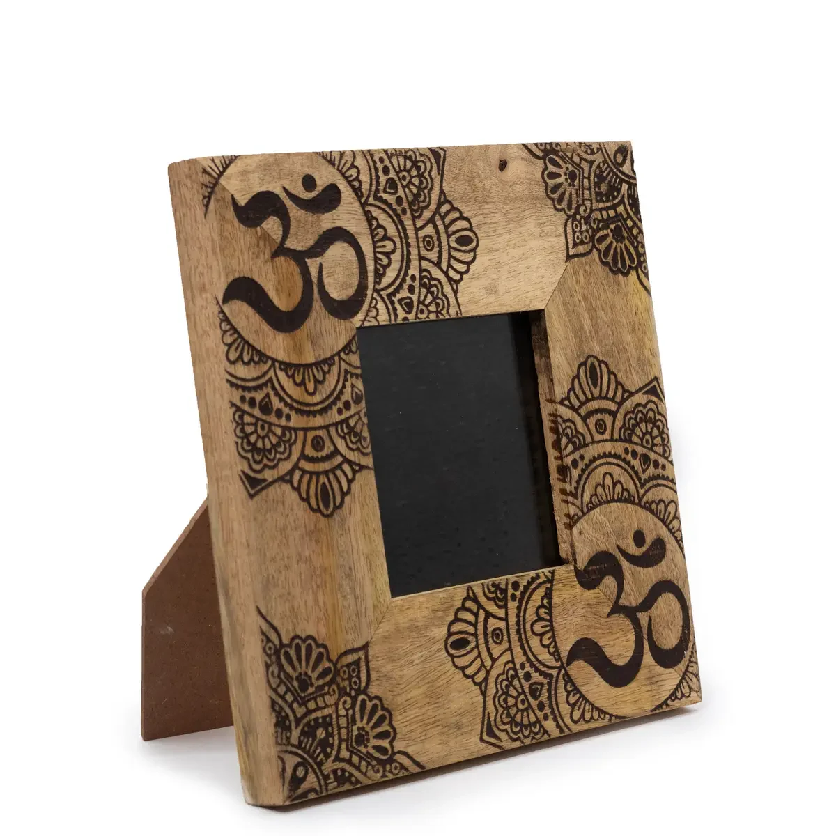 Cadre photo en bois de manguier mandala, noir, photo 10 × 15 cm, cadre 20 × 20 × 2 cm - Ligne & Matière