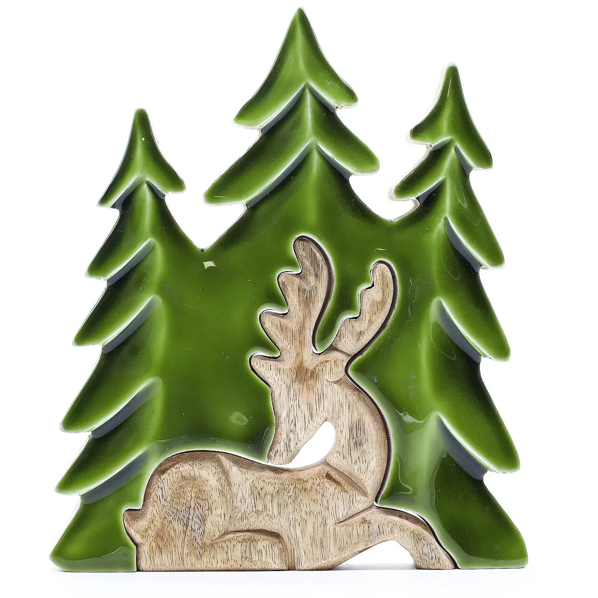 Décoration en bois de manguier, cerf en forêt, 23 × 20 cm - Ligne & Matière