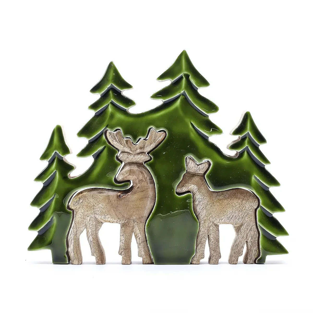 Décoration en bois de manguier, deux cerfs en forêt, 18 × 23 cm - Ligne & Matière