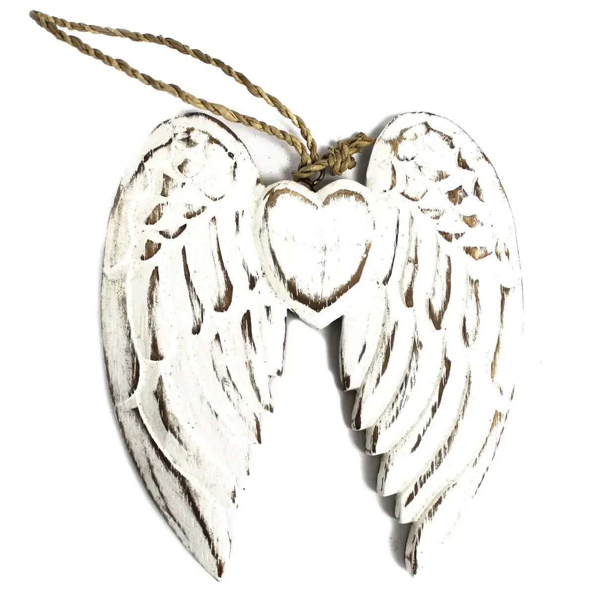 Décoration sculptée en bois blanc, deux ailes et cœur, 15 cm - Ligne & Matière