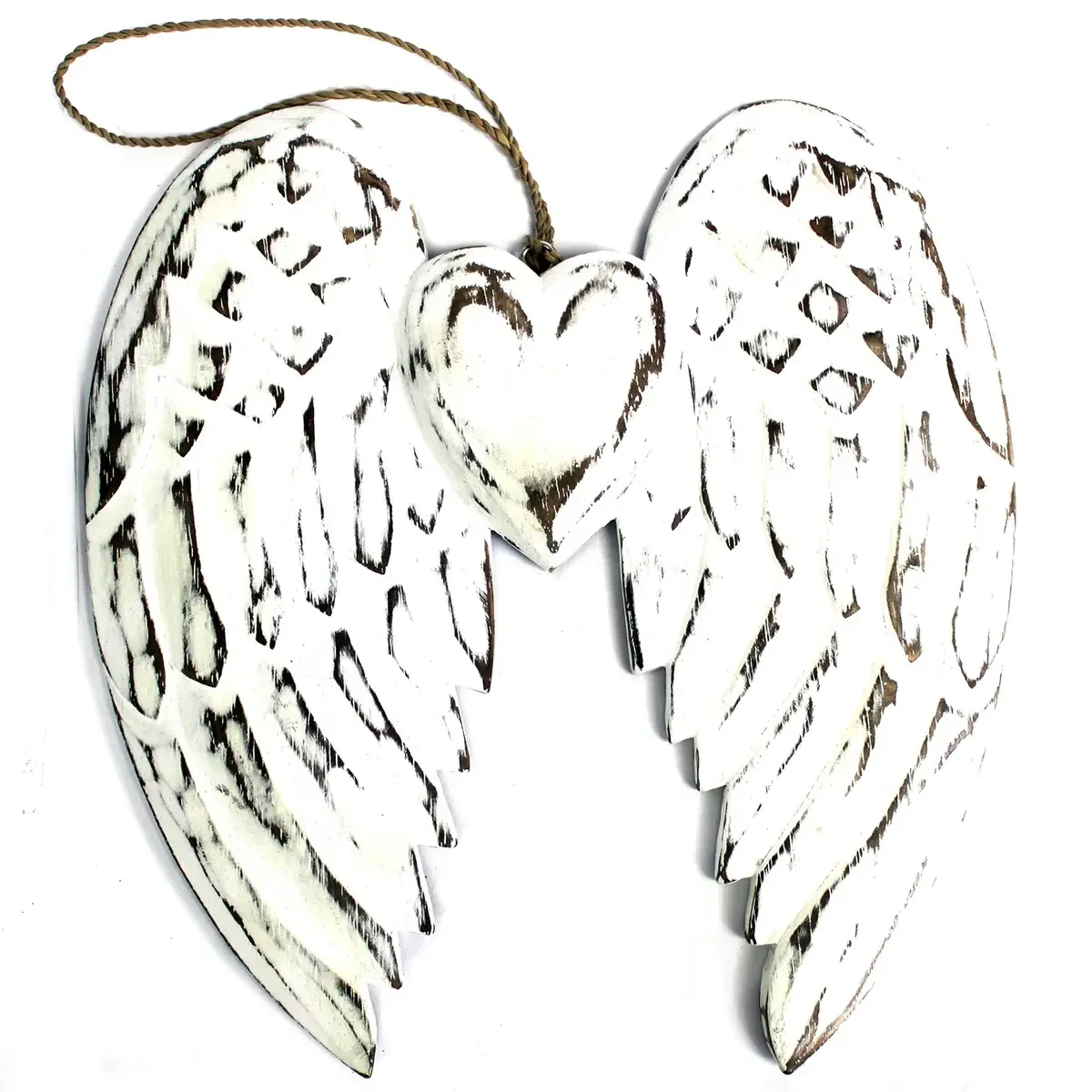 Décoration sculptée en bois blanc, deux ailes et cœur, 24 cm - Ligne & Matière