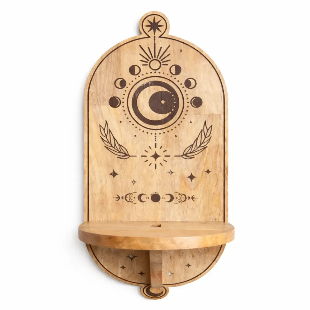 Étagère murale en bois de manguier, arche sculptée, lune et arbre - Ligne & Matière
