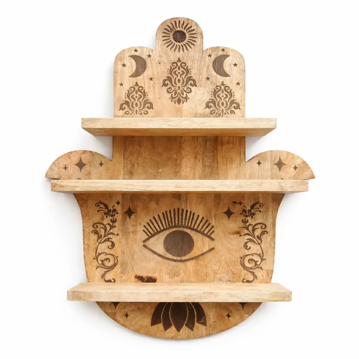 Étagère murale en bois de manguier, main hamsa - Ligne & Matière