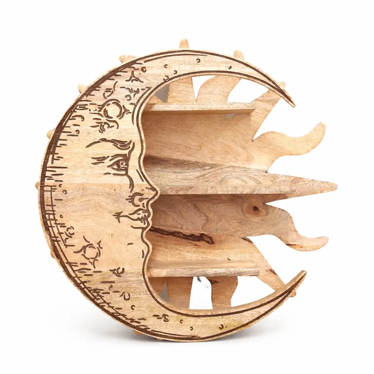 Étagère murale en bois de manguier, soleil et lune, trois niveaux - Ligne & Matière