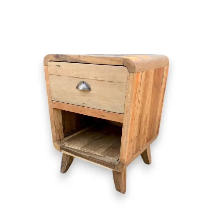 Table de chevet ronde à un tiroir en teck recyclé - Ligne & Matière