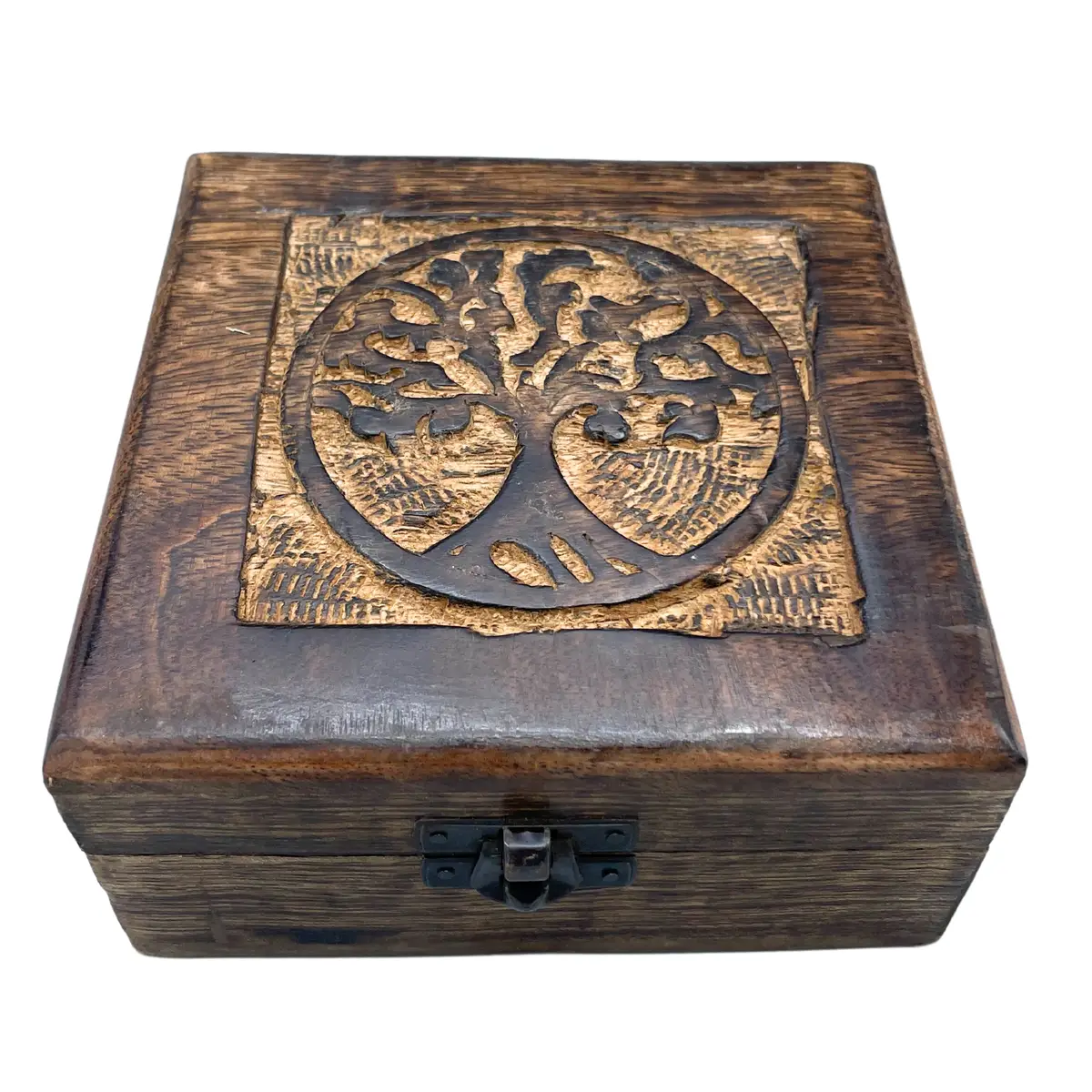 Boîte carrée en bois de manguier — Arbre de vie, 13 × 13 × 6 cm - Photo 1