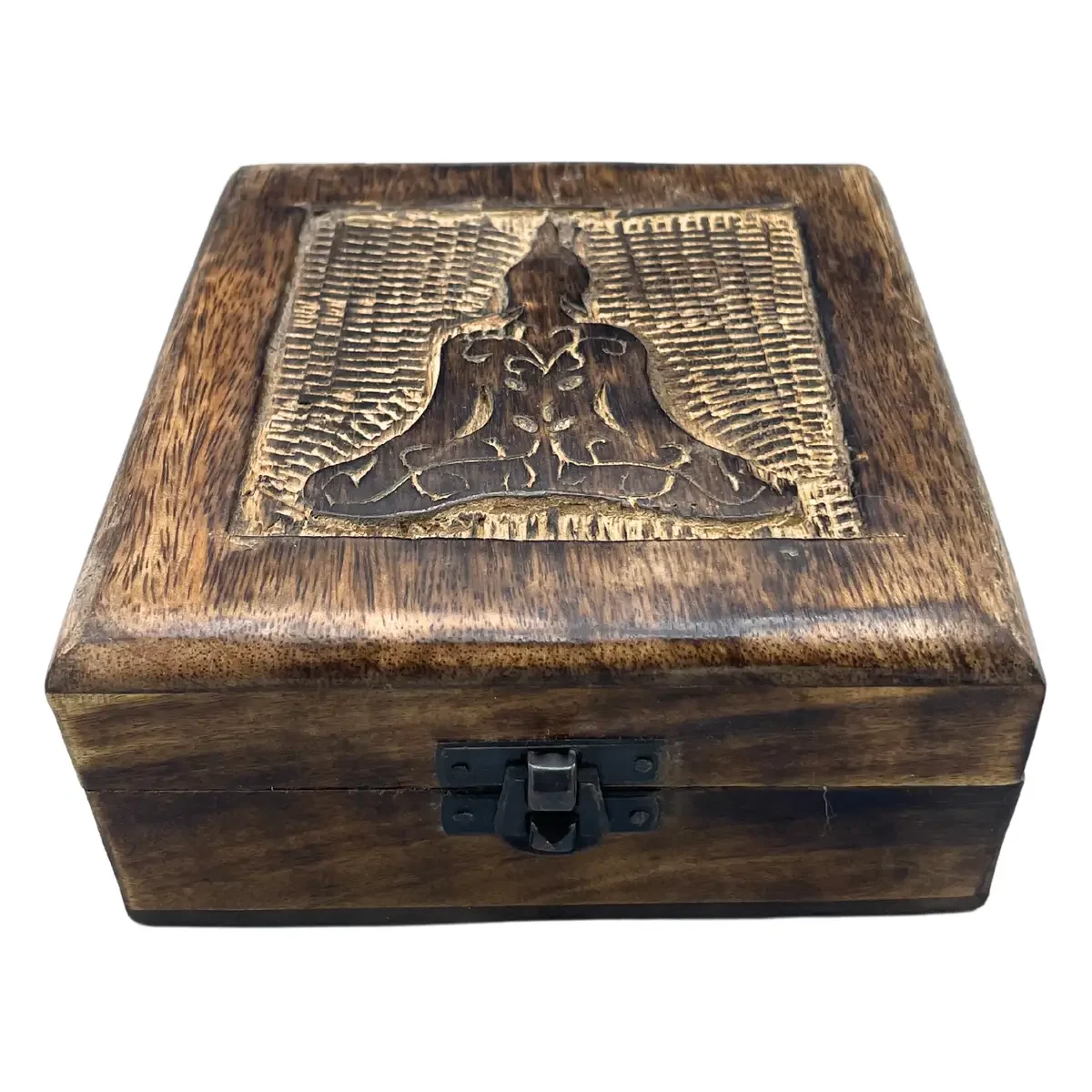 Boîte carrée en bois de manguier, motif Bouddha, 13 cm - Maison douce
