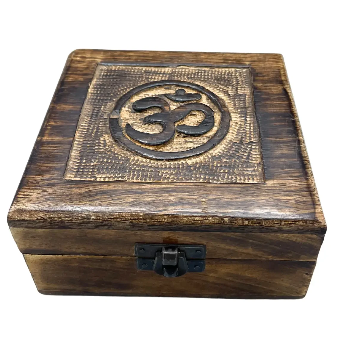 Boîte carrée en bois de manguier, motif Om, 13 cm - Photo 1