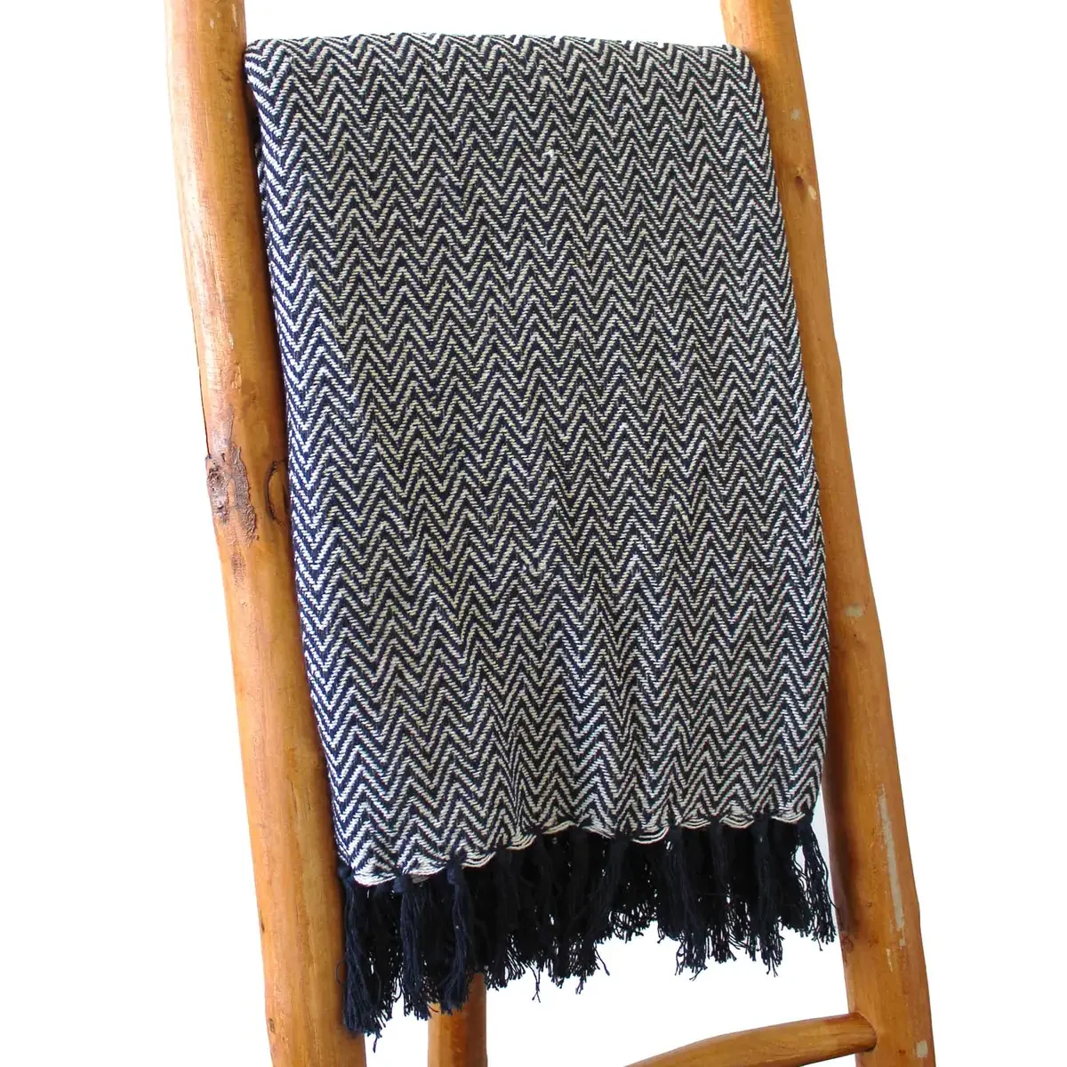 Plaid en coton bleu marine à zigzags, 125 × 150 cm - Maison douce