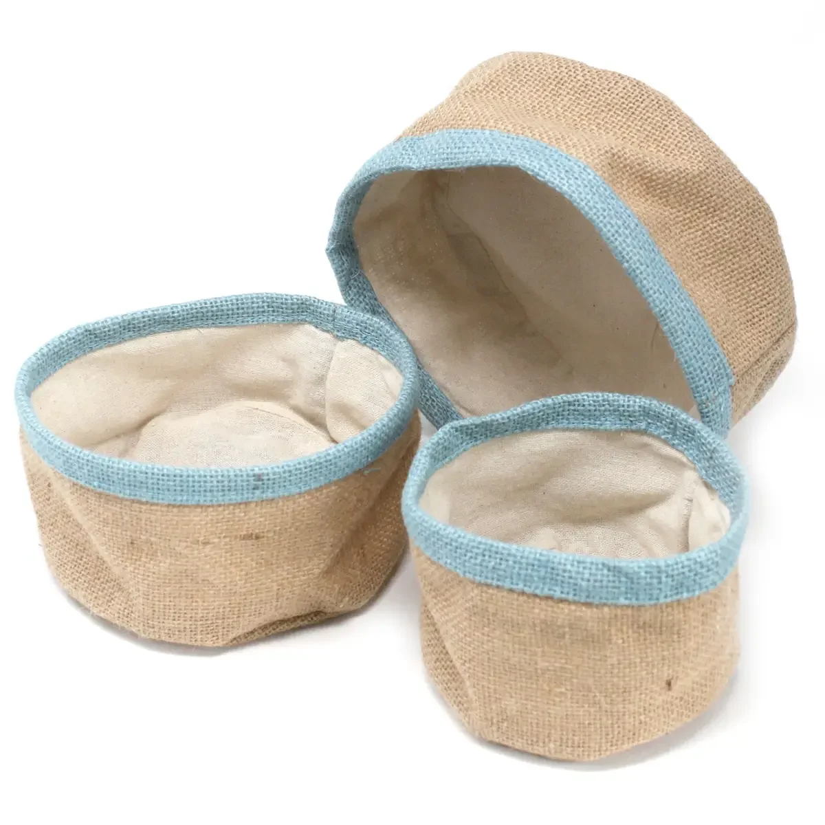 Trio de petits paniers en jute et coton, bleu canard - Maison douce