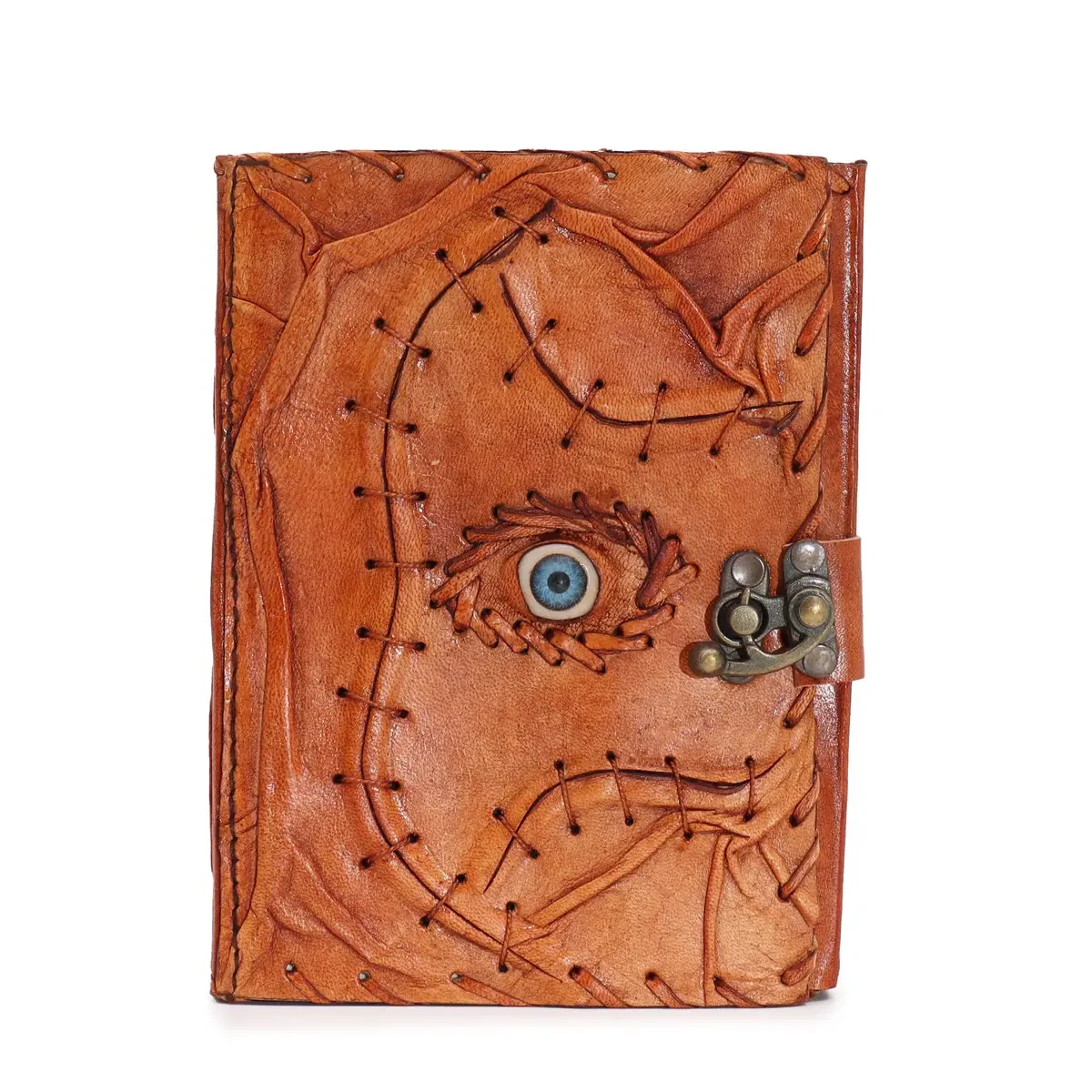 Carnet en cuir brun clair à motif œil, 17 × 12,5 cm - Pause Papier
