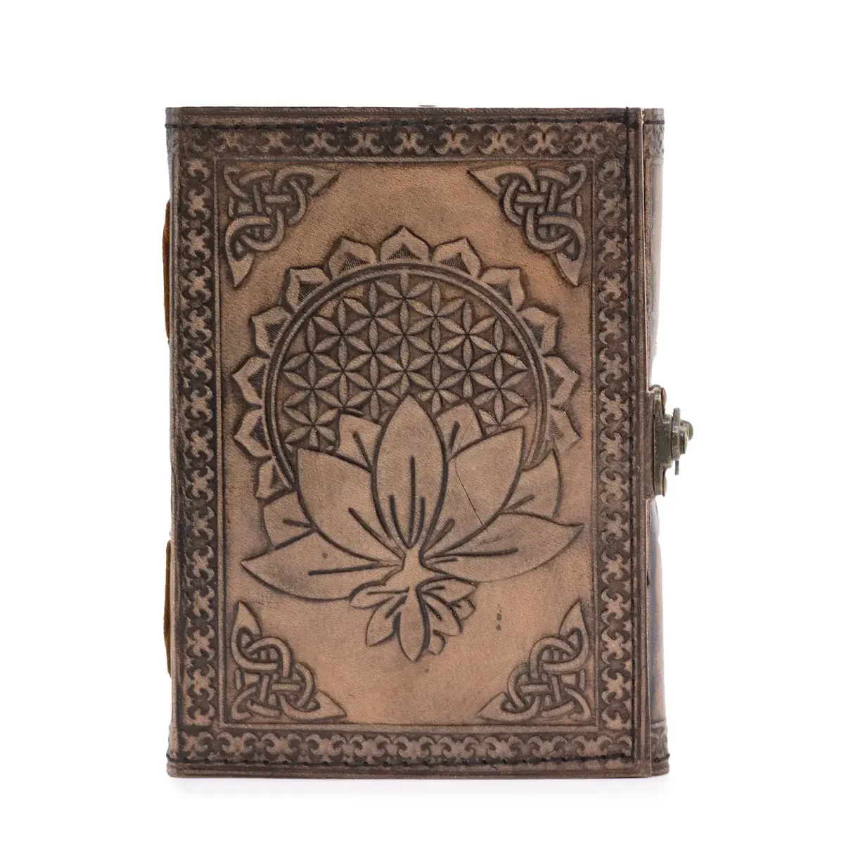 Carnet en cuir mandala lotus gris vieilli, 17,5 × 12,5 cm - Pause Papier