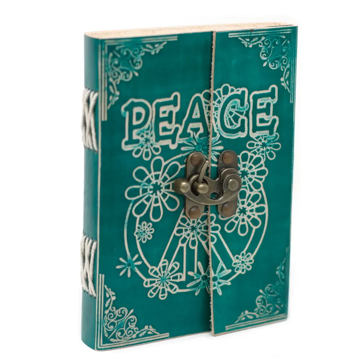 Carnet en cuir vert, inscription Peace, 18 × 13 cm - Pause Papier