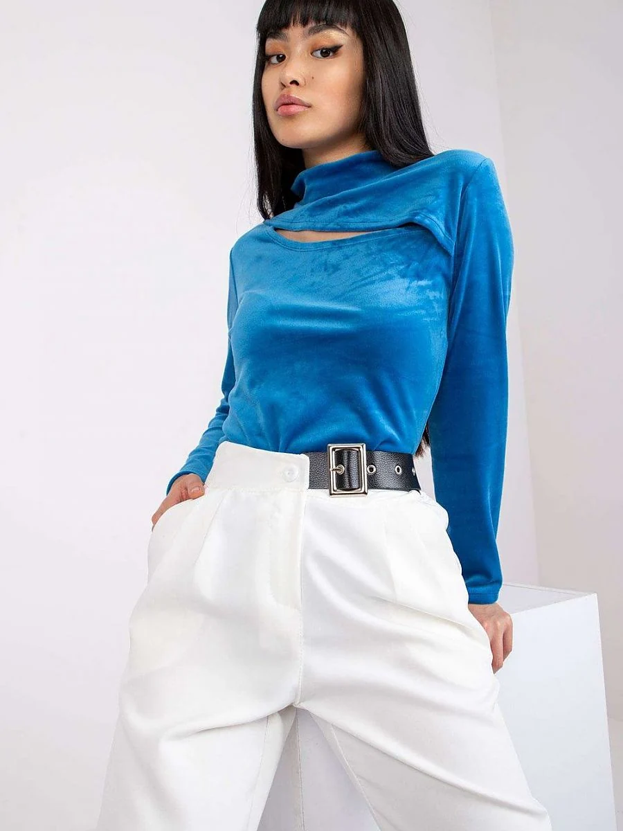 Blouse bleue effet velours à ouverture décorative - Italy Moda - Vestiaire Clair
