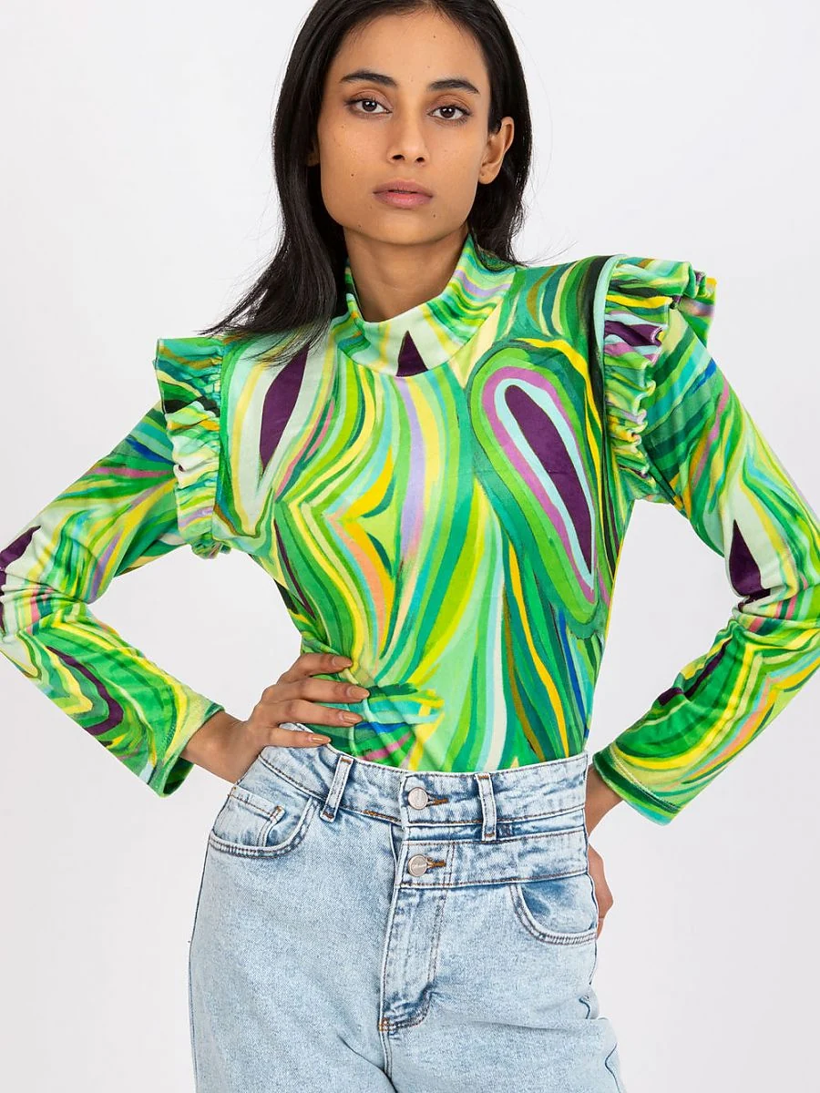 Blouse verte effet velours à volants à motif - Italy Moda - Vestiaire Clair