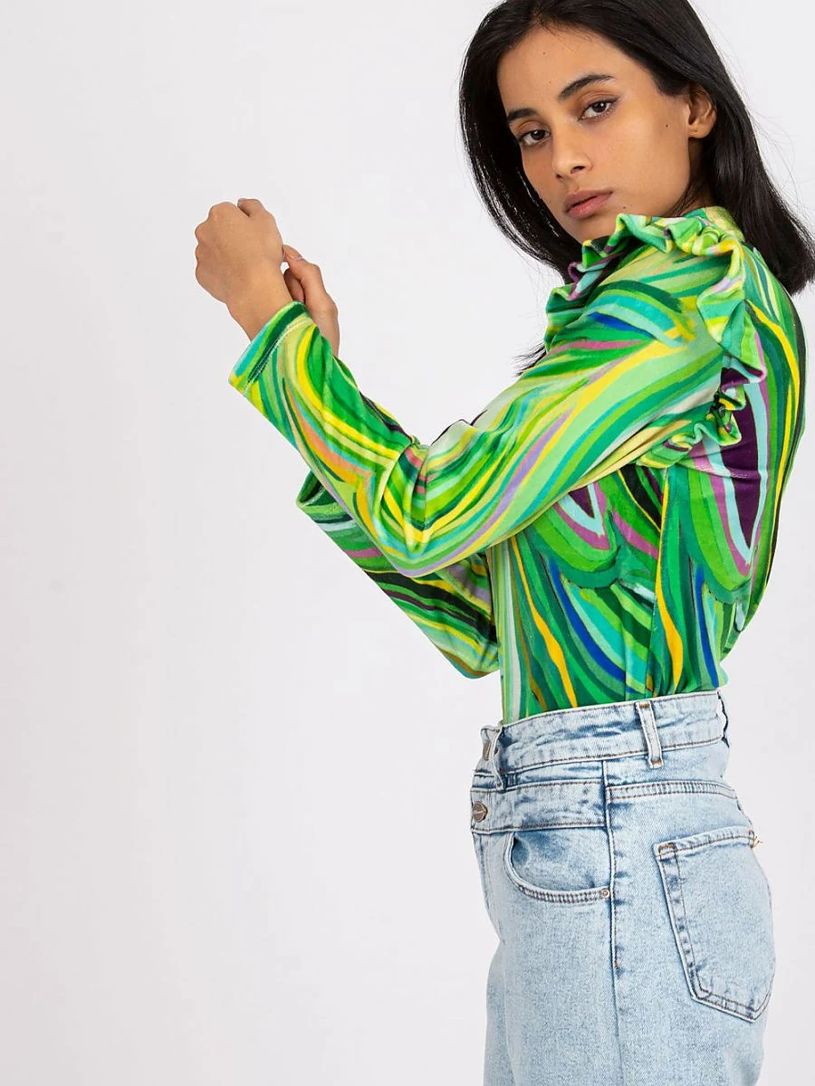 Blouse verte effet velours à volants à motif - Italy Moda - Vestiaire Clair