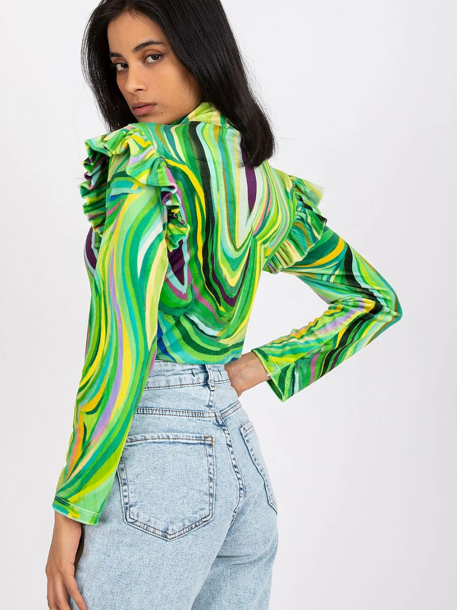 Blouse verte effet velours à volants à motif - Italy Moda - Vestiaire Clair