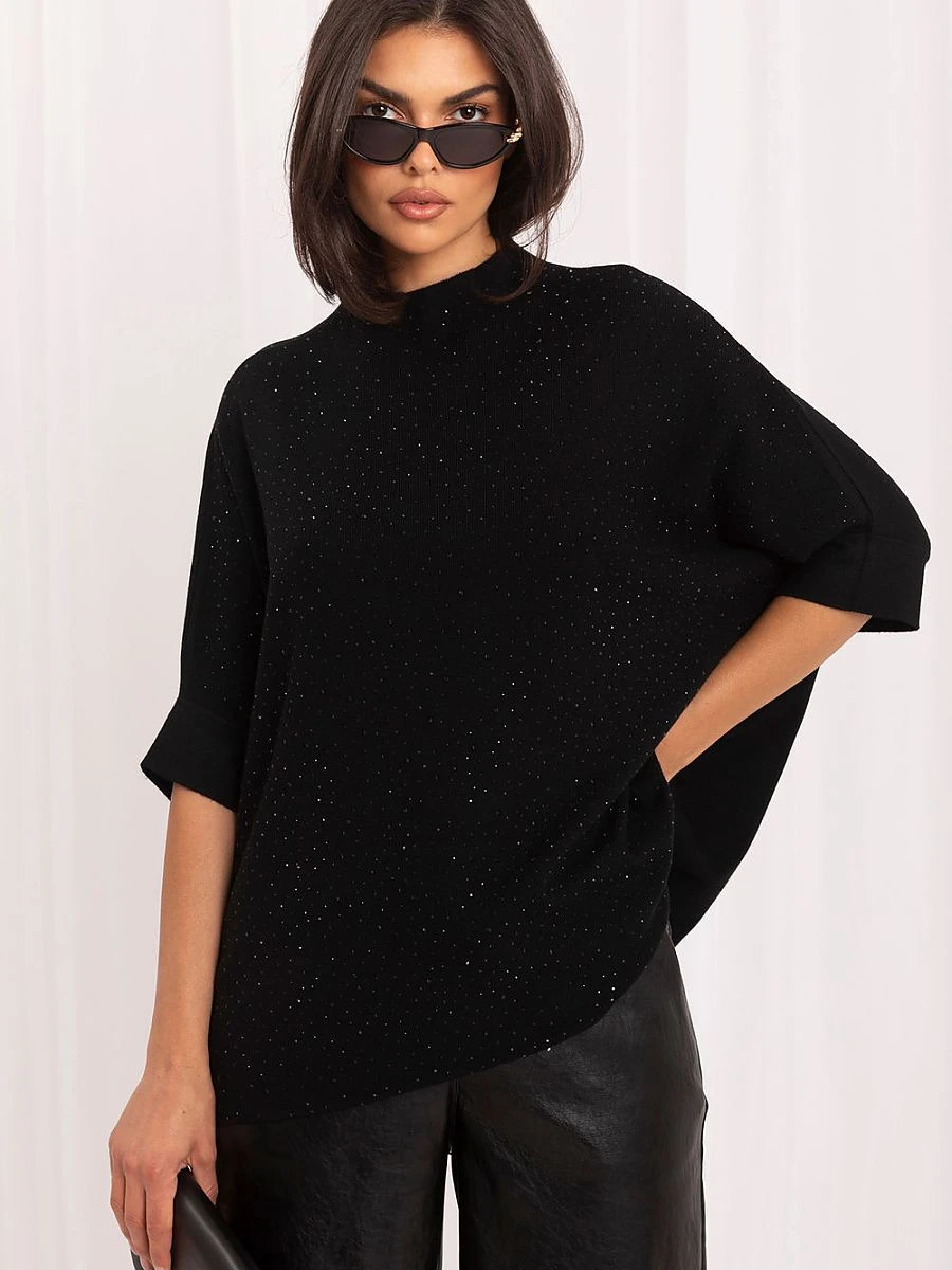Pull ample noir à col roulé et strass — Italy Moda - Photo 1