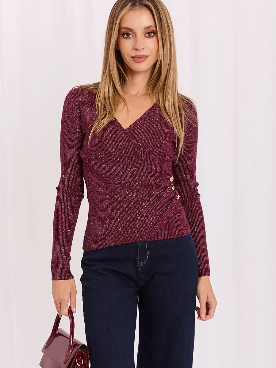 Pull rouge côtelé à encolure croisée et lurex - Italy Moda - Vestiaire Clair