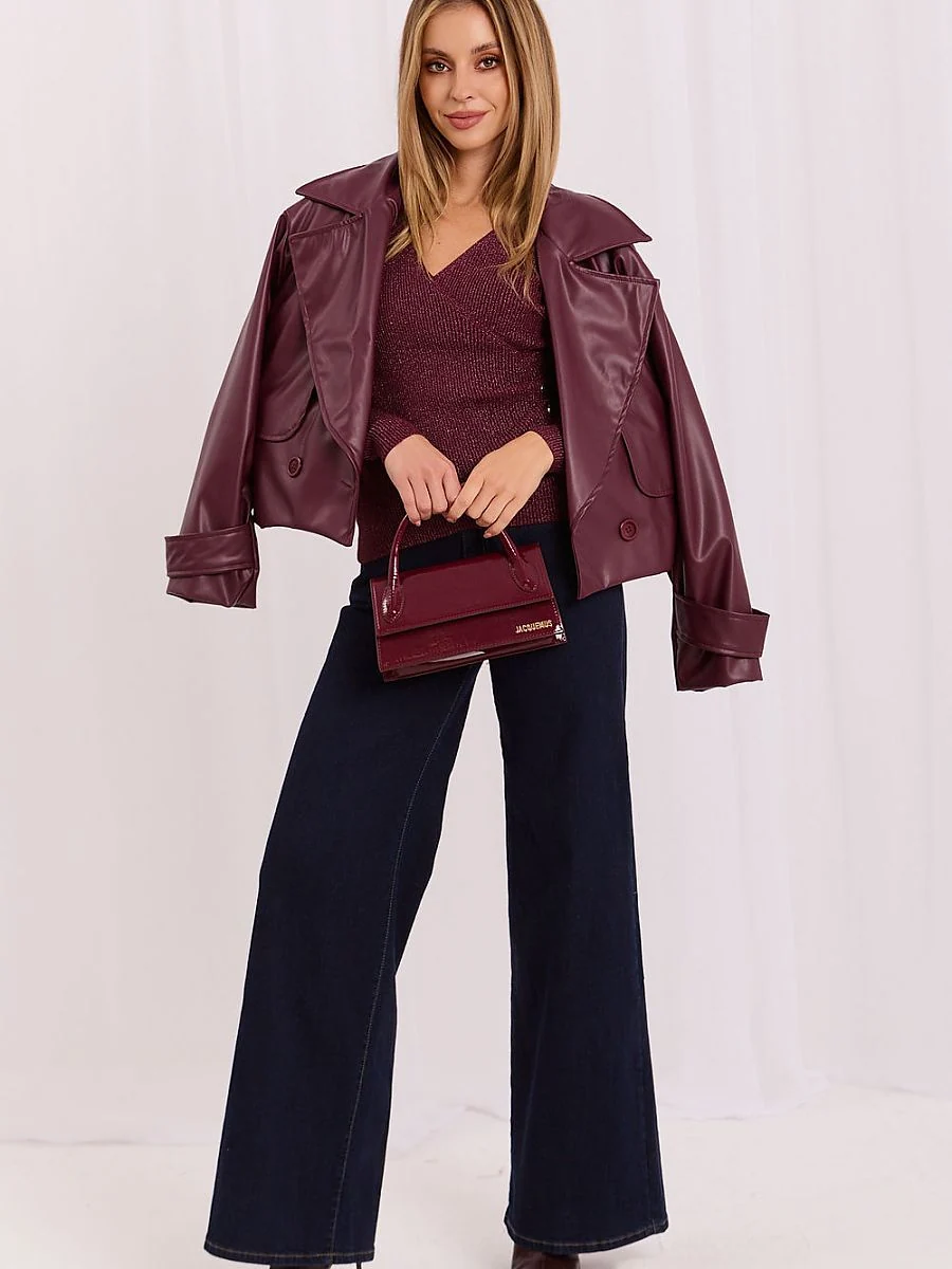 Pull rouge côtelé à encolure croisée et lurex - Italy Moda - Vestiaire Clair