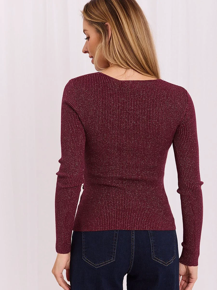 Pull rouge côtelé à encolure croisée et lurex - Italy Moda - Vestiaire Clair
