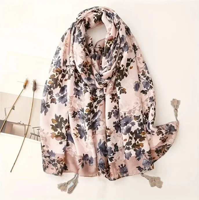 Châle Etole femme rectangle à pompons polyester 80 x 180 cm BLEU ROSE RAYURES - Photo 2