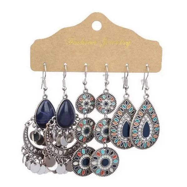 3 paires de boucles d'oreille argenté vieilli femme assorties style ethnique B