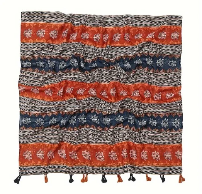 Châle Etole femme rectangle à pompons polyester 80 x 180 cm motif tribal pailleté doré - Photo 2