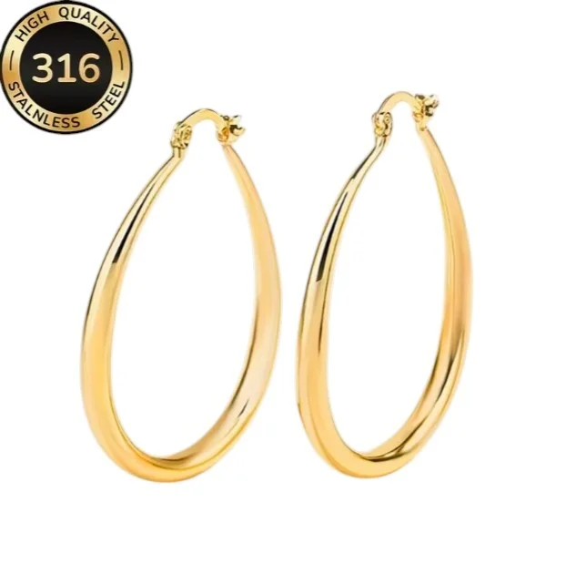 Boucles d'oreille créoles ovales femme acier inoxydable doré 42 mm 35982 - Photo 2