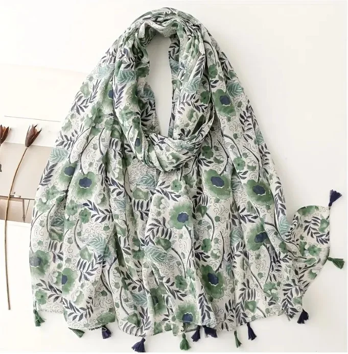 Châle Etole femme rectangle à pompons polyester 80 x 180 cm FLEUR VERTE FEUILLAGE - Photo 2