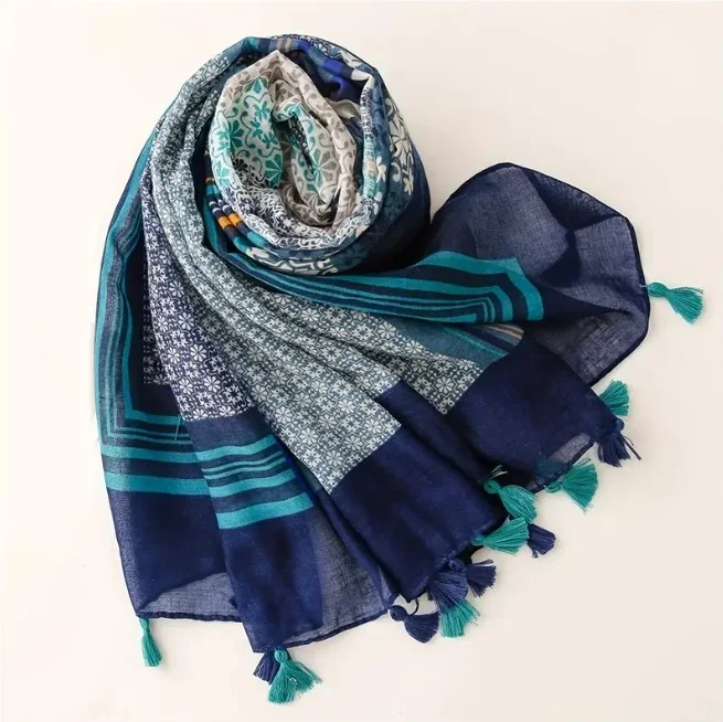 Châle Etole femme rectangle à pompons polyester 90 x 180 cm BLEU TURQUOISE - Photo 2