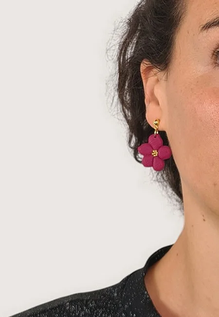 Boucles d'oreilles fleur pourpre pâte polymère fait main France Mapierrine collection Pourpre acier inox doré - Photo 4
