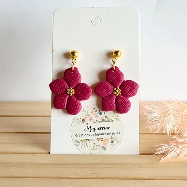 Boucles d'oreilles fleur pourpre pâte polymère fait main France Mapierrine collection Pourpre acier inox doré