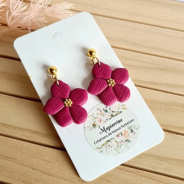 Boucles d'oreilles fleur pourpre pâte polymère fait main France Mapierrine collection Pourpre acier inox doré - Photo 2