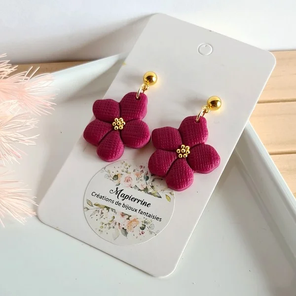 Boucles d'oreilles fleur pourpre pâte polymère fait main France Mapierrine collection Pourpre acier inox doré - Photo 3