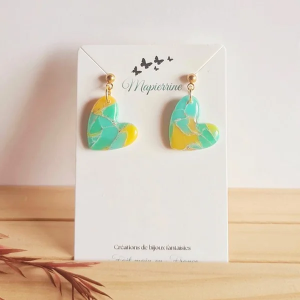 Boucles d'oreille en pâte polymère pastel Feuilles dorées Acier inoxydable Bijou fait main en France Collection Pastel Paradisiaque cœur - Photo 2