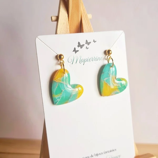 Boucles d'oreille en pâte polymère pastel Feuilles dorées Acier inoxydable Bijou fait main en France Collection Pastel Paradisiaque cœur - Photo 3