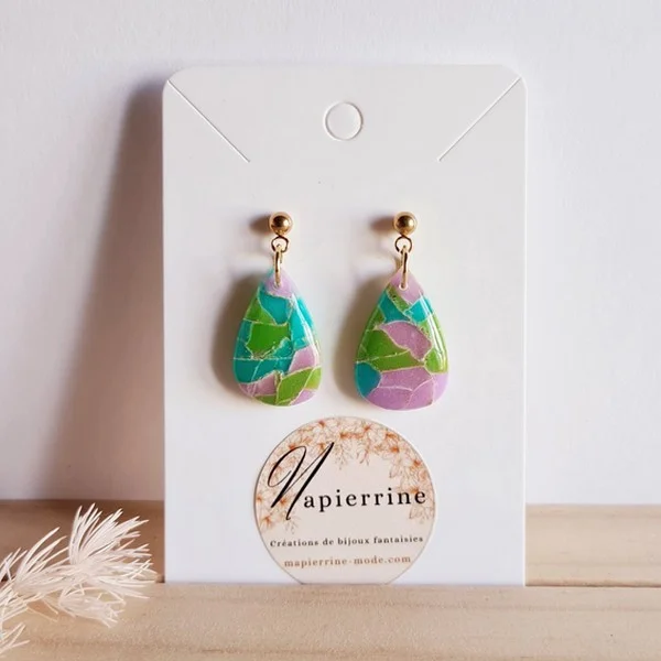 Boucles d'oreilles en pâte polymère Bijoux faits main en France Acier inoxydable  Mapierrine Marbré Vert turquoise mauve - Photo 2