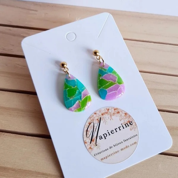 Boucles d'oreilles en pâte polymère Bijoux faits main en France Acier inoxydable  Mapierrine Marbré Vert turquoise mauve