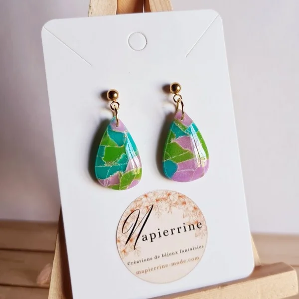 Boucles d'oreilles en pâte polymère Bijoux faits main en France Acier inoxydable  Mapierrine Marbré Vert turquoise mauve - Photo 3