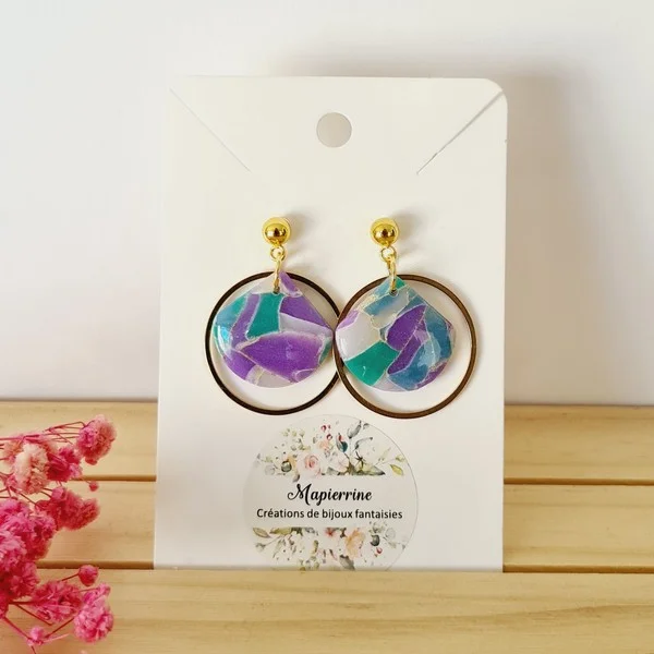 Boucles d'oreilles en pâte polymère Bijoux faits main en France Acier inoxydable  Mapierrine Marbré translucide A - Photo 2