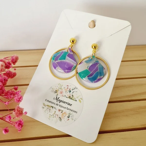 Boucles d'oreilles en pâte polymère Bijoux faits main en France Acier inoxydable  Mapierrine Marbré translucide A - Photo 3