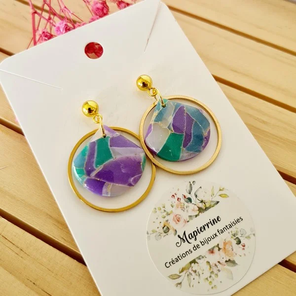 Boucles d'oreilles en pâte polymère Bijoux faits main en France Acier inoxydable  Mapierrine Marbré translucide A - Photo 4