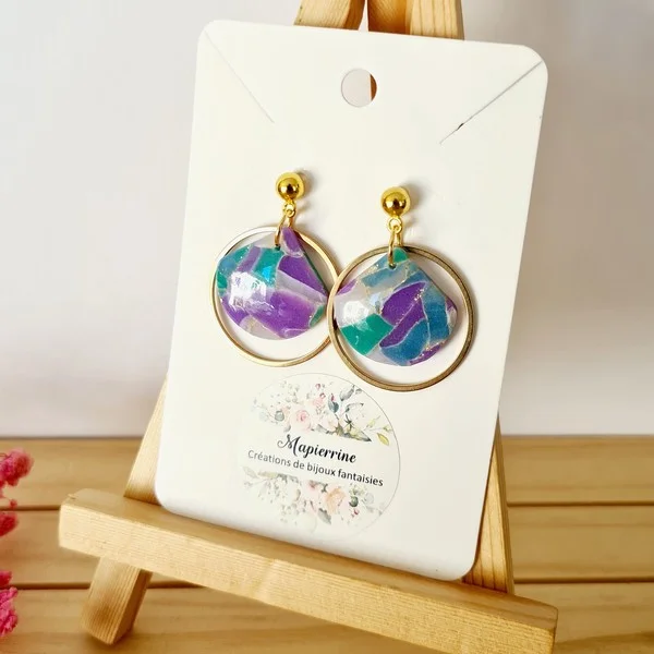 Boucles d'oreilles en pâte polymère Bijoux faits main en France Acier inoxydable  Mapierrine Marbré translucide A