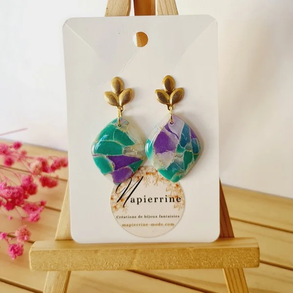 Boucles d'oreilles en pâte polymère Bijoux faits main en France Acier inoxydable  Mapierrine Marbré translucide B - Photo 2