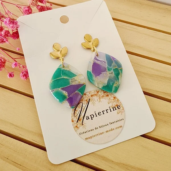 Boucles d'oreilles en pâte polymère Bijoux faits main en France Acier inoxydable  Mapierrine Marbré translucide B - Photo 3