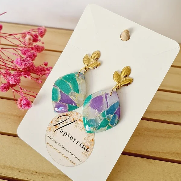 Boucles d'oreilles en pâte polymère Bijoux faits main en France Acier inoxydable  Mapierrine Marbré translucide B - Photo 4