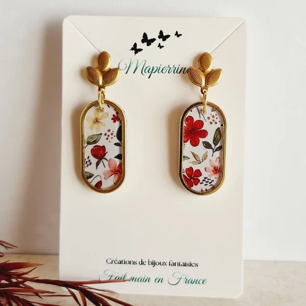 Boucles d'oreille fleuries en papier résiné - Création artisanale en acier inoxydable, faite main en France - Photo 2